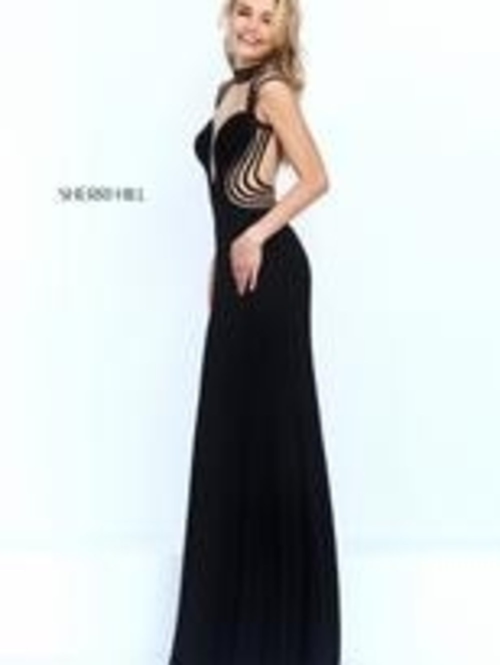 Sherri Hill Black Sheer-Illusion Column Gown - Picture 3 of 6